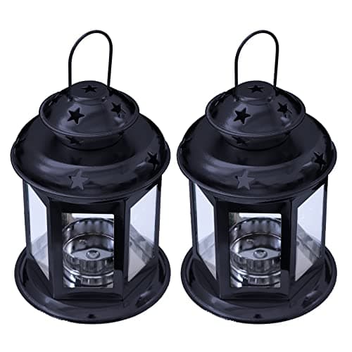 Pair of European Design Antique Glass Hanging Candle Lanterns with Stars Metal Frame Candlestick Holder Night Lamp, Romantic Xmas Wedding Party Decoration Original Package (Black)