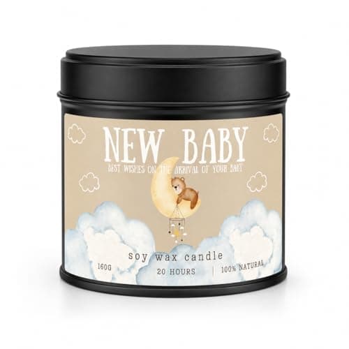 New Baby Soy Wax Candle Gift – Seychelles Scented Candle in Black Reusable Tin – Natural Soy Wax, Up to 20 Hour Burn Time – New Baby Gift for Mum, Dad, Parents & Baby Shower