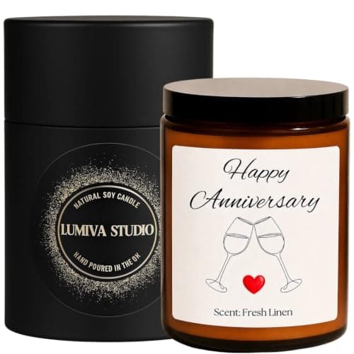 Happy Anniversary Candle Gift – Handmade Soy Wax Scented Jar with Fresh Linen Fragrance – Elegant Candle Wax Gift for Couple, Wife, Husband, Parents, Her – Luxury Present - Made in the UK