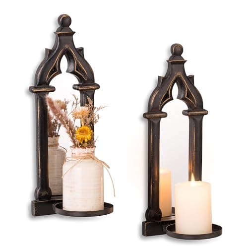 Walasis Black Wall Candle Holders with Real Mirror, Gothic Decor, Set of 2