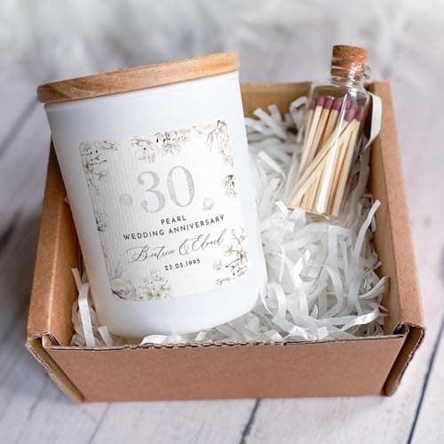 Pomchick - 30th Pearl Wedding Anniversary Scented Candle Personalised Gift for Couples Friends Family with Names & Date 30 Anniversary Keepsake