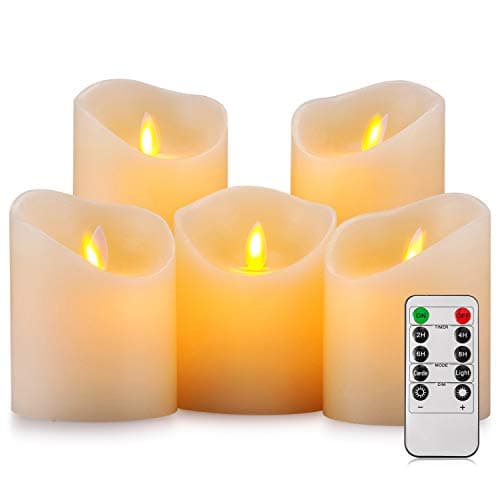Aku Tonpa Flameless Candles Battery Operated Pillar Real Wax Flickering Moving Wick Electric LED Candle Set with Remote Control Cycling 24 Hours Timer, Pack of 5 (D:7.5cm X H:10, 10, 10, 15, 15cm)