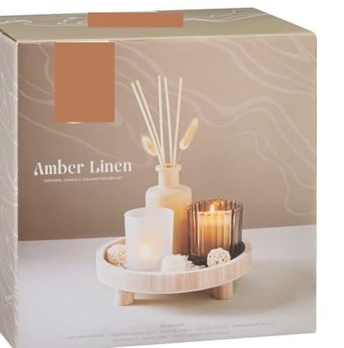 New 3pc Rustic Charm Diffuser & Candle Set With Jasmine & Silk Fragrance, Round Wooden Tray And Candle Perfect For Any Room Home Decor Gift.
