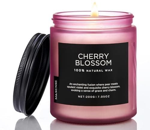 M&SENSE Cherry Blossom Soy Wax Aromatherapy Scented Candles Gifts for Women Non Toxic 200g 50H Burn Time Candles for Romantic Evenings Relaxation Floral Organic Small Jar Candle for Home Decor