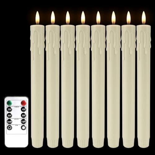 LIVEN 8 Pack LED Flameless Taper Candles with Timer, Dripless Fake Candlesticks with 3D Flickering Flame, 9.6 Inches White Window Candle for Fireplace Christmas Halloween