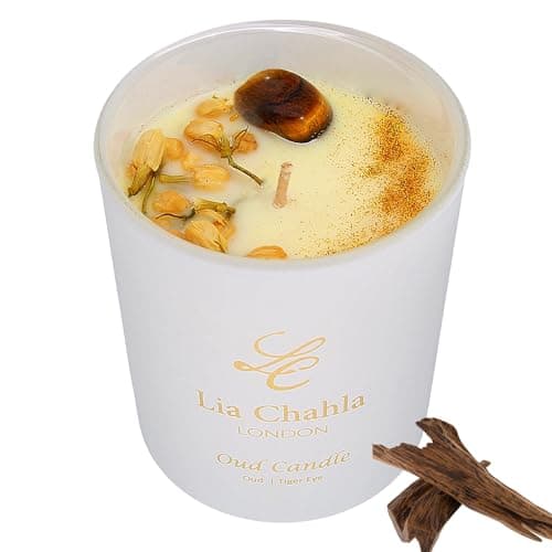Clearance - Oud & Sandalwood Soy Candle with Tiger Eye Gemstone – Natural Aromatherapy Candle – Luxury Scented Home Fragrance for Men & Women - Crystal Candle