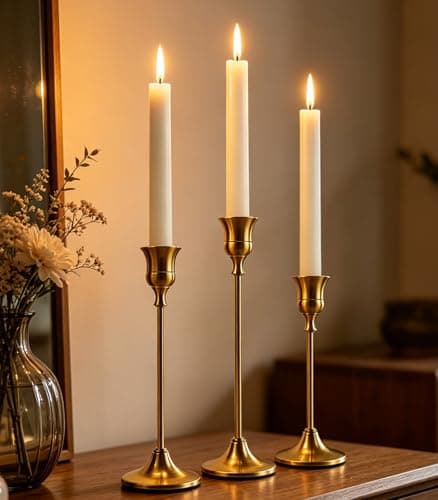 Filltown 3PC Brass Gold Candle Holders Candlestick, Metal Taper Candle Sticks Holder, Vintage Modern Gold Candlesticks Holders for Pillar Candle Decorations, Weddings, Party, Table Centerpieces