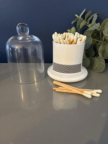 Mabel & Ivy Glass Bell jar containing luxury long white tip matches candle care clear white glass striking pad box present gift set cloche white jar