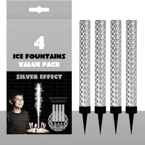 Pack of 4 Cake Sparklers Ice Fountain Candles Silver Sparkling Cake Topper for Champagne & Prosecco Bottles Party Cake Decoration for Birthday, Wedding, Christmas & New Year Celebrations 10cm