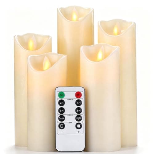 Da by 5 Pack Ivory Paraffin Wax Flameless Candles, Realistic Moving Wick Flickering LED Pillar Candles with Remote Control, Battery Powered Soft Warm Lights for Home Wedding Indoor Outdoor Decor