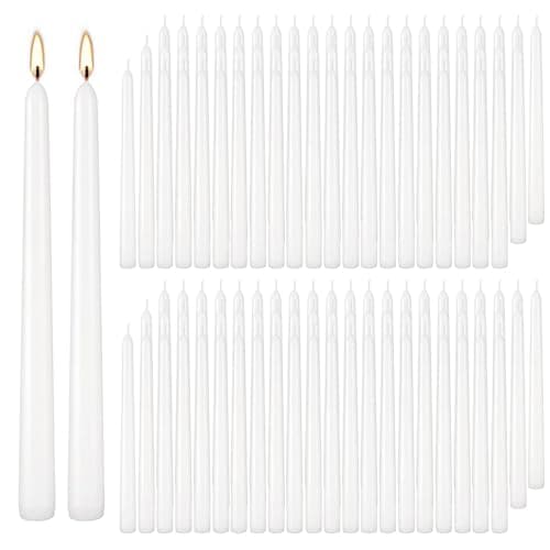 LIVEN 100 Pack White Taper Candles, 7-8 Hours Burn Time, Unscented, Smokeless and Dripless, 0.8 x 10 Inch Dinner Candle Set for Household, Wedding, Party and Home Décor Candlesticks