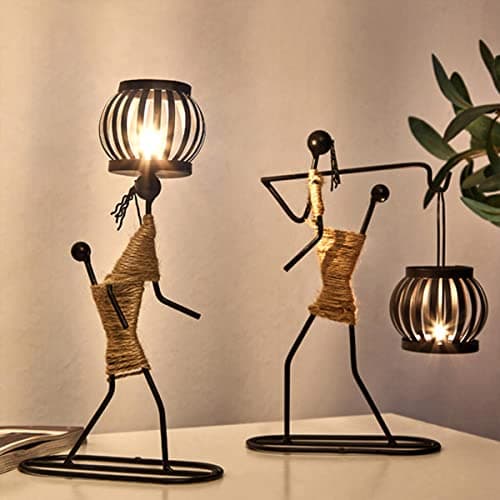 2Pcs Metal Candle Holders for Tables, Retro Black Iron Tea Light Candle Holders, Vintage Candlestick Stand Little Girl Shaped with Hemp Rope Decorative for Living Room Valentine Christmas (B+C)