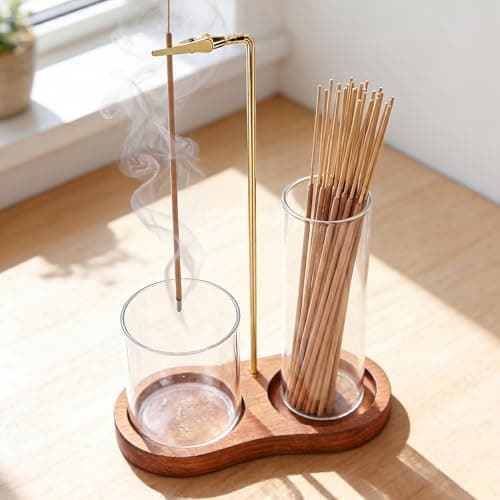 FUHSY Wooden Upside Down Incense Sticks Holder, Modern Incense Burner with Removable Glass Ash Catcher, Includes 20 Incense Sticks & Brush, Brown Stand Decor for Zen Yoga Spa Meditation