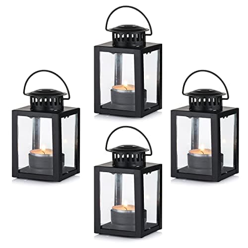 Nuptio Lanterns for Candles Garden Lanterns, 4 Pcs Vintage Style Hanging Small Lanterns for Tealight Candle, Black Candle Tea Light Holders for Indoor Outdoor Events Birthday Party Wedding