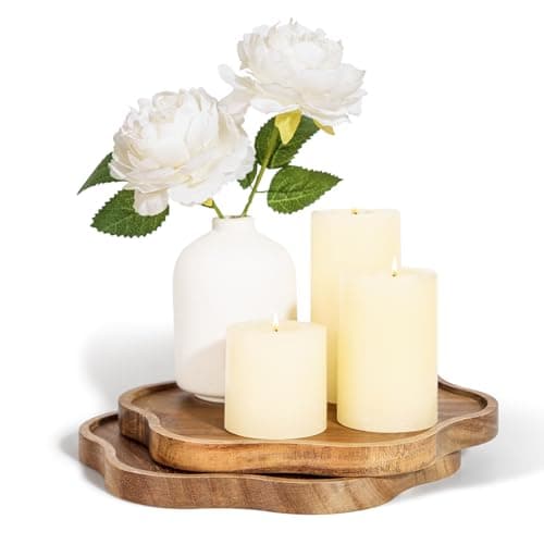 WLWNWFT Flower Shape Candle Tray Plate Table Centre Piece Decoration Set of 2, Acacia Wood Decorative Trays Serving Plates Serving Boards for Coffee Table Display Home Decor Farmhouse Rustic 20cm