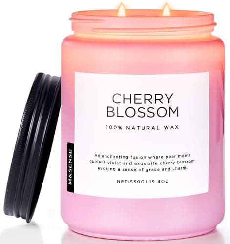 M&SENSE Cherry Blossom Scented Spring Candle, 110 Hours Long Lasting Soy Candles 550g, Stress Relief Aromatherapy Candles, Romantic Candle Gifts for Women, Glass Jar Candle Bedroom Decor