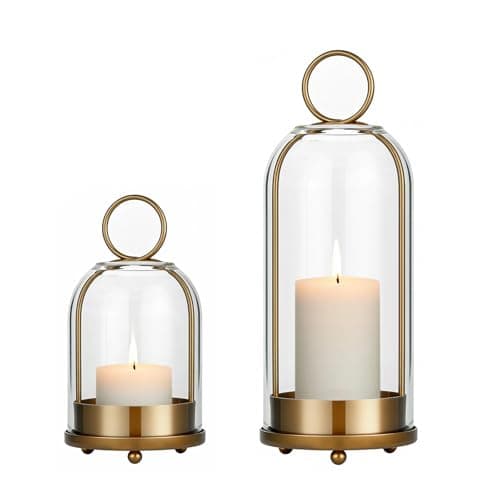 5"&4" Hurricane Glass Candle Holders, Hanging Brass Metal Candle Holder