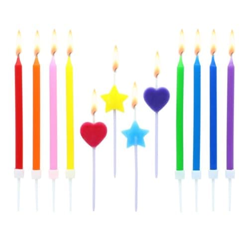 Culpitt Rainbow Birthday Cake Candles, 12 Cake Decorations for Parties, Multi-Coloured Celebration Toppers with Heart, Star, Tall Candles | Mixed Set of 12