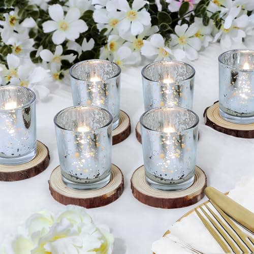6pcs Candle Holders Votive, Glass Tea Light Holders Bulk for Weddings, Events, Table Centrepiece, Christmas, Valentine, and Party and Holiday Decorations Silver