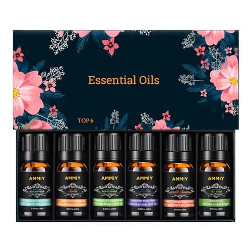 AMMIY Essential Oils Gift Set, 10ml*Top 6 Relaxing Scents, Pure, Natural, Vegan Oils Including Eucalyptus, Lemon, Peppermint, Lavender, Sweet Orange and Tea Tree