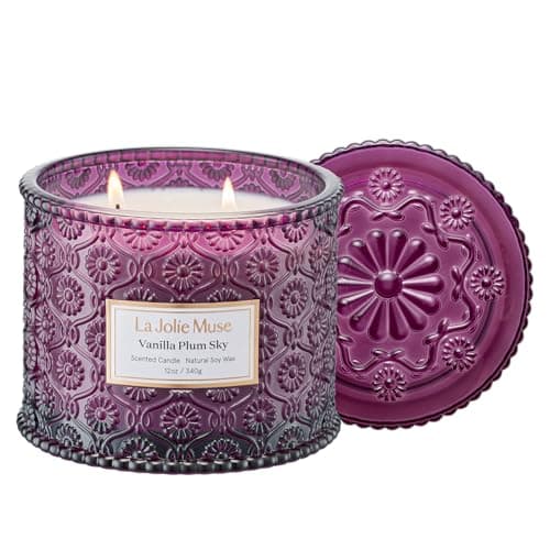 LA JOLIE MUSE Vanilla Plum Sky Candle, Autumn Candle for Home Scented, Large 2-Wick Soy Candles, Luxury Jar Candles Gifts for Women & Men, 60 Hours Long Burning, 12oz