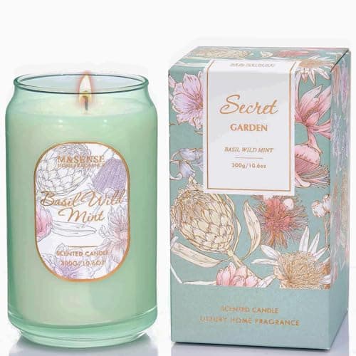 M&SENSE 300g Soy Scented Candles Basil Wild Mint - 60 Hours Long Burning, Non-Toxic Glass Jar Purple Candle, Aromatherapy for Relaxing, Luxury Birthday/Mother's Day Gifts for Women