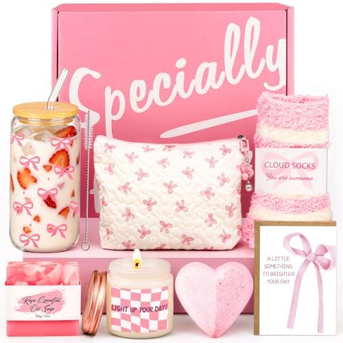 Birthday Gifts for Women, Rose Self Care Gifts Set for Her, Pink Spa Gift Basket with Glass Tumbler, Cosmetic Bag, Scented Candle, Thank You Gifts for Mum, Best Friend, Christmas, Valentines Day