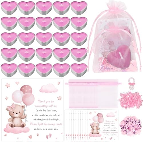 Defresit 50 Sets Baby Shower Favors Tea Light Candles for Guest Cute Girl Baby Shower Party Favors Gifts with Thank Cards Gender Reveal Party Favors (Pink)