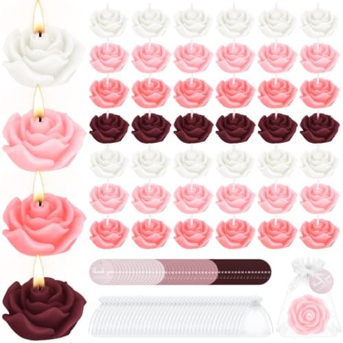 48 Pack Rose Shaped Scented Candles, Wedding Favours, White Pink Burgundy