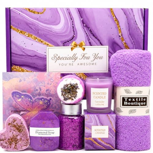 Pamper Gift Set for Women – Lavender Spa Gift Box with Candle, Bath Bombs & Soap – Birthday, Christmas, Valentine’s Gifts for Her, Mum, Girlfriend