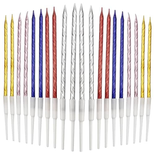 Pack of 20 Birthday Candles, Spiral Cake Candles, Thin and Long, Odourless, Non-Toxic, with Stand, Ideal for Birthdays, Wedding Parties, Bridal Showers, Baby Showers and Much More (Multi-Colour)