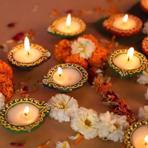 12 Pack Hand Painted Terracotta Diya, Wax Filled Oil Lamps for Diwali Decor