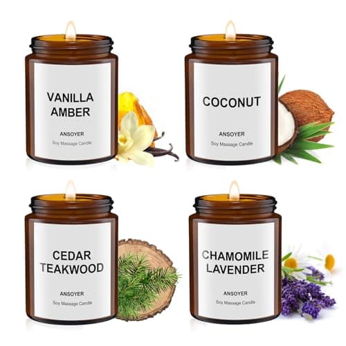 4-Pack* 128g Natural Soy Wax Massage Candles – Melts into Moisturising Massage Oil for Body Skin Care, Amber Vanilla | Coconut | Cedar Teakwood | Chamomile Lavender