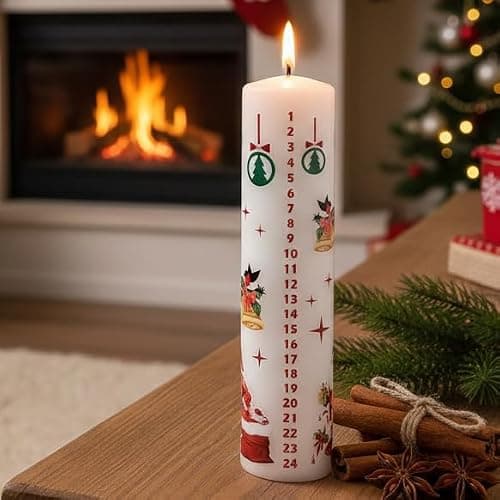 White Santa and Bells Advent Pillar Candle 4 – Christmas Countdown Candle, 70hr Burn, Festive Candle for Table, Mantelpiece & Seasonal Décor