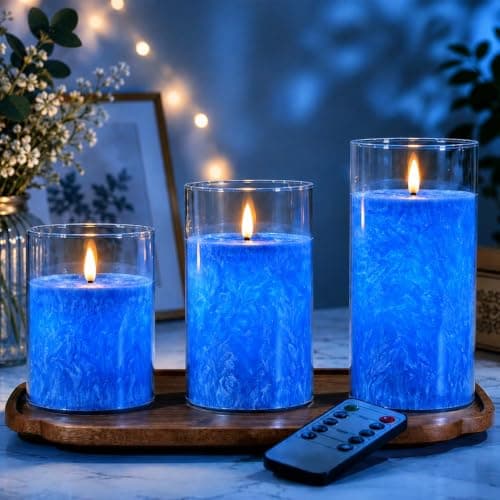 Blue Glass Real Wax Flameless Candles Flickering, Battery LED Pillar Candle