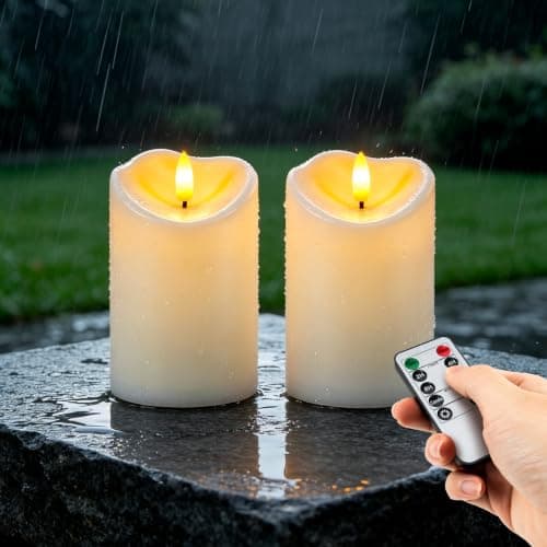AMAGIC Ivory White Outdoor LED Pillar Candles Flameless Candle Set of 2