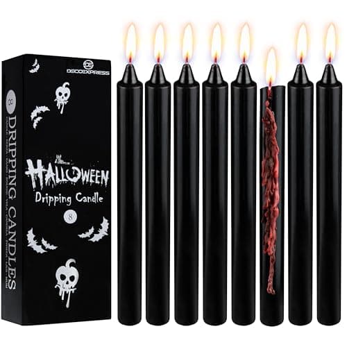 Deco Express Candles Dripping Effect Taper Set of 8 Halloween Black Wax Gothic Decor Horror Party Decorations 5 Hr Burn Tall Candles (Black Drip)