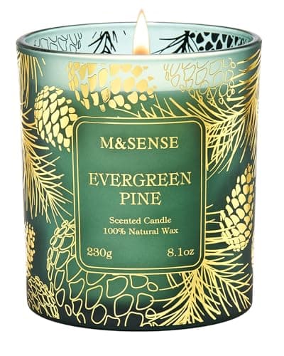 M&SENSE Evergreen Pine Soy Candle,230g Gilded Glass, Winter Holiday Scent