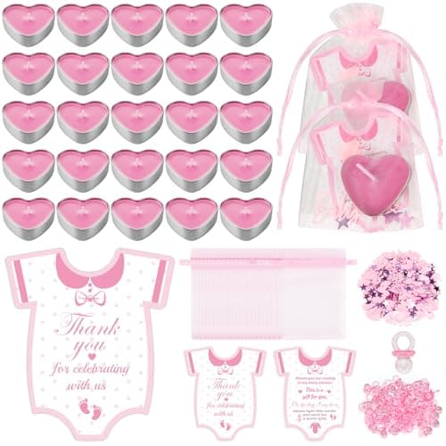 Defresit 50 Sets Baby Shower Favors Tea Light Candles for Guest Cute Girl Baby Shower Party Favors Gifts with Thank Cards Gender Reveal Party Favors,Super combination Pink