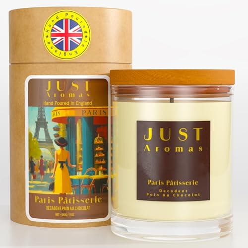 Just Aromas Paris Pâtisserie Luxury Scented Candle – Pain au Chocolat Bakery Scent, Rapeseed & Coconut Wax, 100% Cotton Wick (Lead-Free), 35+ Hour Burn, UK Hand-Poured, 150g, Gift Tube