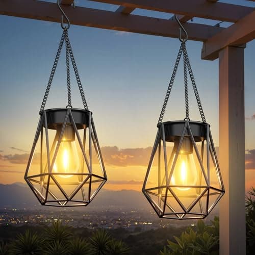 RECHOO Solar Lights - 2 Pack Hanging Garden Lanterns with LED Bulb