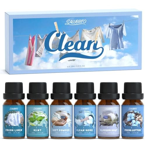 SALUBRITO Clean Essential Oils Set, Fresh Cotton, Clean Home, Fresh Linen, Soft Powder, Blossom Soap, Mint Scented Oils for for Diffuser, Candle, Soap Making