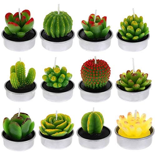FANTESI 12 Packs Green Cactus Candles Handmade Cactus Succulent Tealights