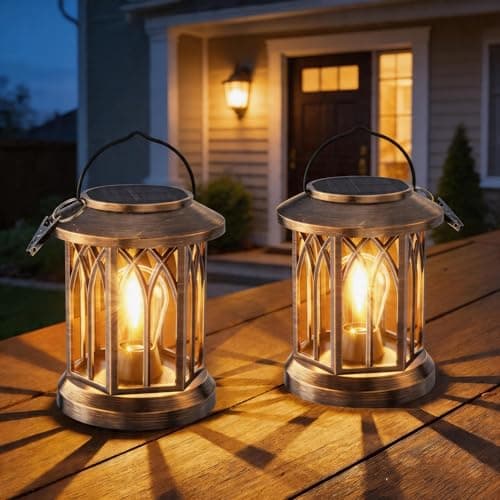 BUCASA Solar Lights Outdoor Garden, 2 Pack Hexagonal Vintage Solar Lanterns with LED Buld, Clip, 12H Runtime Garden Ornaments Outdoor Lantern Light, Waterproof Decorative Lighting for Table Yard Patio