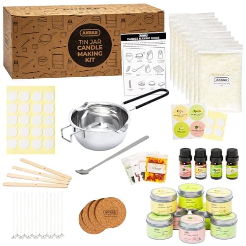 Anbar Complete DIY Candle Making Kit for Adults - 8 Aluminium Tins, Natural Soy Wax, Cotton Wicks, Essential Oils, Labels, and Essential Accessories for Scented Candles, Fun Hobby Crafting Set