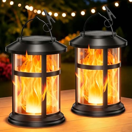 GEARLITE Solar Lanterns Outdoor, 2 Pack Flickering Flame Solar Lights Outdoor Garden, IP65 Waterproof Hanging Garden Lanterns Decor for Table Patio Cemetery, Auto On/Off Solar Powered Garden Lights
