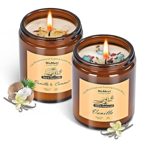 WEMEET 7oz Candles for Home Scented, 2Pack Natural Soy Candles with Crystals, Non Toxic, Vanilla & Coconut Vanilla Candle, Ideal for Creating a Relaxing Ambiance