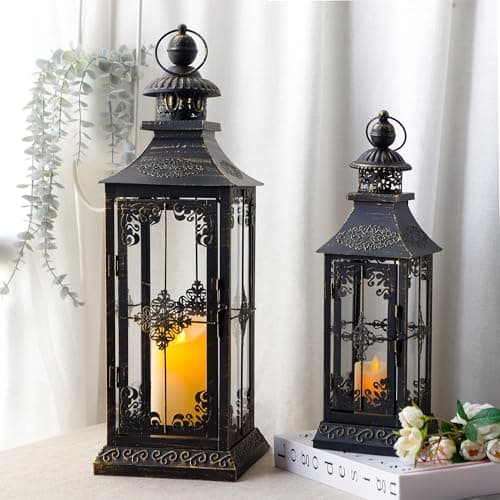 TRIROCKS Set of 2 Decorative Lanterns 55/41cm H Vintage Hanging Lantern Metal Candle Holder with Tempered Glass for Indoor Outdoor Home Decor Living Room Parties Garden Tabletop Wedding Patio (Black)