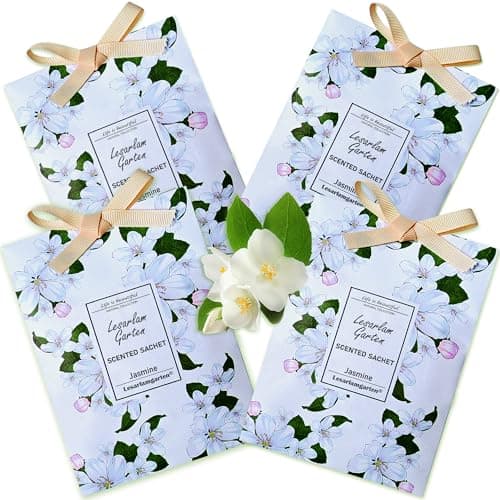 Jasmine Scented Sachets, Wardrobe Fresheners, Fragrance Bags for Moths, Drawers, Closets, Office, Bedroom, Bathrooms, Living Room, Cars, Sports bag- 4 bags of jasmine fragrance