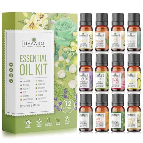 LIVAANO Essential Oils Set – 100% Natural Essential Oils for Diffusers for Home, Massage & Relaxation | 12x5ml Essential Oil for Aromatherapy, Lavender, Tea Tree, Gift Set